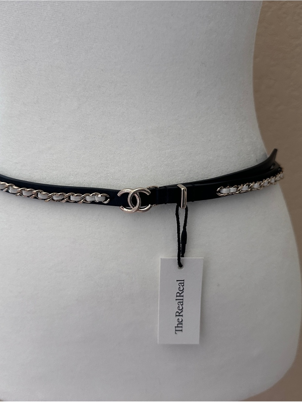 CHANEL Black Leather and Silver Chain Waist Belt with CC Logo